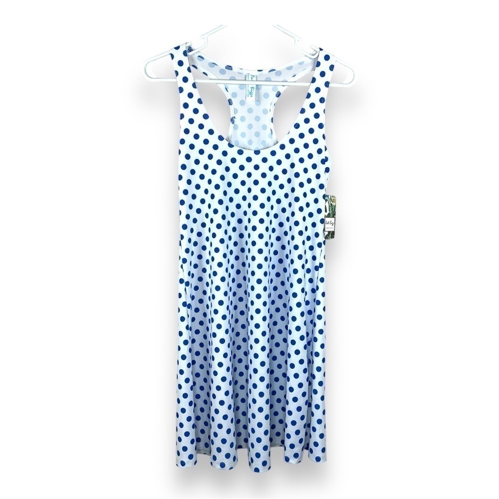 NEW XS UPF50 Patti Biggs White Blue Dots Sleeveless Retro Pinup Swim Vacation